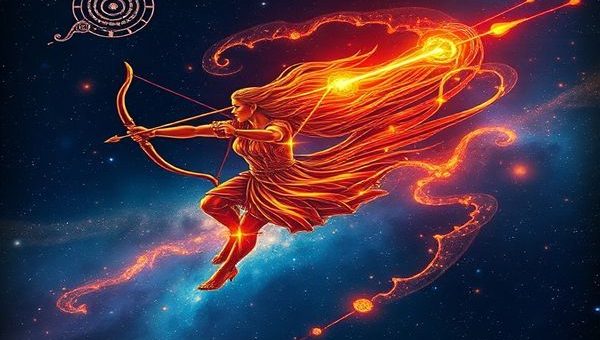 Create a high-definition image of two celestial Sagittarians, depicted as twin archers, shooting arrows of light across a starlit sky. They are surrounded by swirling constellations and vibrant fire elements, symbolizing their adventurous and philosophical spirits. The background should be a breathtaking cosmic landscape filled with nebulae and distant galaxies, illustrating the harmony of their bond as they navigate the journey of love and exploration together.