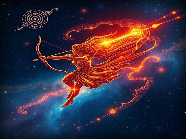 Create a high-definition image of two celestial Sagittarians, depicted as twin archers, shooting arrows of light across a starlit sky. They are surrounded by swirling constellations and vibrant fire elements, symbolizing their adventurous and philosophical spirits. The background should be a breathtaking cosmic landscape filled with nebulae and distant galaxies, illustrating the harmony of their bond as they navigate the journey of love and exploration together.