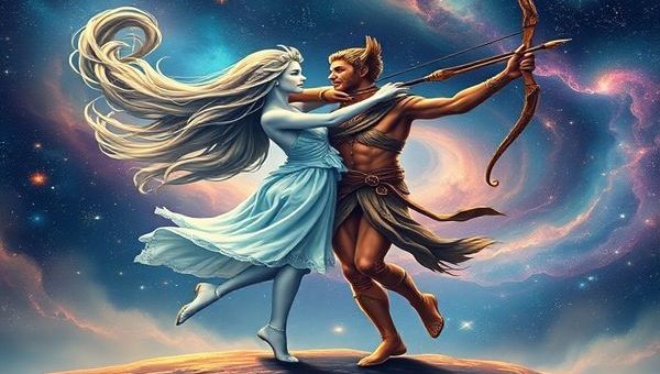 "Create a high-definition image of two celestial figures representing Aquarius and Sagittarius dancing together in a cosmic landscape. Aquarius, depicted as a fluid water-bearer with flowing hair and vibrant air patterns, stands beside Sagittarius, who is portrayed as a fiery archer with a bow drawn, aiming at the stars. The background is filled with swirling galaxies, sparkling stars, and colorful nebulae, illustrating their adventurous spirit and harmony in the vast universe."
