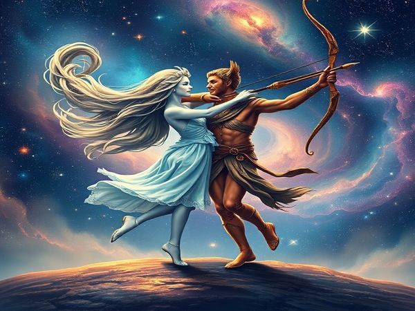 "Create a high-definition image of two celestial figures representing Aquarius and Sagittarius dancing together in a cosmic landscape. Aquarius, depicted as a fluid water-bearer with flowing hair and vibrant air patterns, stands beside Sagittarius, who is portrayed as a fiery archer with a bow drawn, aiming at the stars. The background is filled with swirling galaxies, sparkling stars, and colorful nebulae, illustrating their adventurous spirit and harmony in the vast universe."