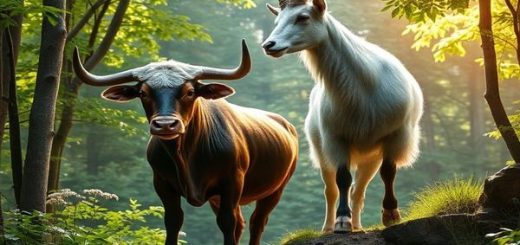 Create a high-definition image of a serene, enchanted forest where a majestic bull and a dignified goat stand together, symbolizing the union of Taurus and Capricorn. The bull, adorned with flowers, represents comfort and sensuality, while the goat, climbing a rugged path, embodies ambition and discipline. Surround them with vibrant greenery, soft sunlight filtering through the leaves, and a sense of timeless connection, illustrating the earthy bond they share.