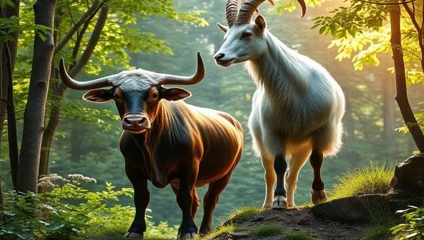 Create a high-definition image of a serene, enchanted forest where a majestic bull and a dignified goat stand together, symbolizing the union of Taurus and Capricorn. The bull, adorned with flowers, represents comfort and sensuality, while the goat, climbing a rugged path, embodies ambition and discipline. Surround them with vibrant greenery, soft sunlight filtering through the leaves, and a sense of timeless connection, illustrating the earthy bond they share.