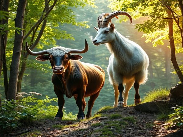Create a high-definition image of a serene, enchanted forest where a majestic bull and a dignified goat stand together, symbolizing the union of Taurus and Capricorn. The bull, adorned with flowers, represents comfort and sensuality, while the goat, climbing a rugged path, embodies ambition and discipline. Surround them with vibrant greenery, soft sunlight filtering through the leaves, and a sense of timeless connection, illustrating the earthy bond they share.