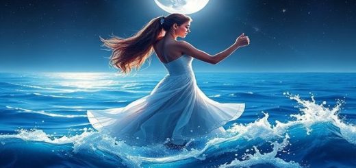 **Image Prompt:** A romantic scene depicting Aquarius and Cancer dancing together in moonlit waves, with Aquarius embodying an ethereal, airy presence alongside Cancer's nurturing, watery essence. The background features a cosmic ocean with shimmering stars and a full moon reflecting on the surface, creating an enchanting atmosphere. Their dance is expressive, symbolizing their contrast and connection, as colorful waves curl around them. The image should be in high definition, showcasing vibrant details and the serene beauty of their celestial romance.