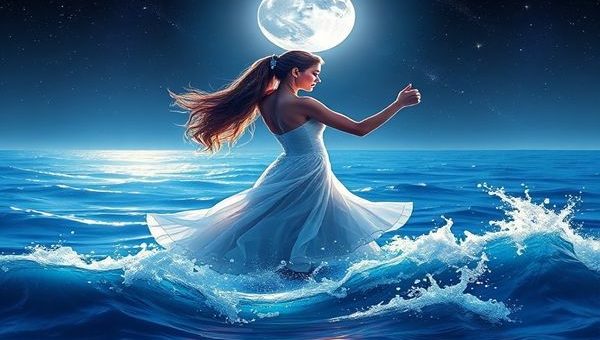 **Image Prompt:** A romantic scene depicting Aquarius and Cancer dancing together in moonlit waves, with Aquarius embodying an ethereal, airy presence alongside Cancer's nurturing, watery essence. The background features a cosmic ocean with shimmering stars and a full moon reflecting on the surface, creating an enchanting atmosphere. Their dance is expressive, symbolizing their contrast and connection, as colorful waves curl around them. The image should be in high definition, showcasing vibrant details and the serene beauty of their celestial romance.
