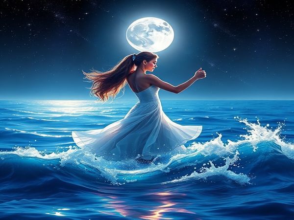 **Image Prompt:** A romantic scene depicting Aquarius and Cancer dancing together in moonlit waves, with Aquarius embodying an ethereal, airy presence alongside Cancer's nurturing, watery essence. The background features a cosmic ocean with shimmering stars and a full moon reflecting on the surface, creating an enchanting atmosphere. Their dance is expressive, symbolizing their contrast and connection, as colorful waves curl around them. The image should be in high definition, showcasing vibrant details and the serene beauty of their celestial romance.