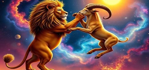 High-definition image of a celestial dance depicting a majestic lion and a fiery ram in a vibrant cosmic landscape. The lion, radiating warmth and confidence, stands proud under a bright sun, while the ram, with sparks of energy, leaps among the stars. The background is filled with swirling galaxies and colorful nebulae, symbolizing their passionate connection and adventurous spirit. The atmosphere is electric with romantic energy, capturing the essence of fiery love between Leo and Aries.