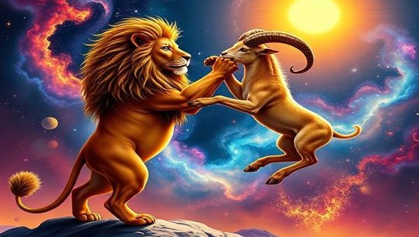 High-definition image of a celestial dance depicting a majestic lion and a fiery ram in a vibrant cosmic landscape. The lion, radiating warmth and confidence, stands proud under a bright sun, while the ram, with sparks of energy, leaps among the stars. The background is filled with swirling galaxies and colorful nebulae, symbolizing their passionate connection and adventurous spirit. The atmosphere is electric with romantic energy, capturing the essence of fiery love between Leo and Aries.