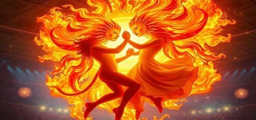 Create a high definition image of two radiant Leos, depicted as magnificent suns in a celestial ballroom. They are orbiting around each other in a dramatic, fiery dance, their flames intertwining in a spectacular display of warmth and passion. Surround them with vibrant colors, sparkling stars, and theatrical elements to highlight their shared love and magnetic energy. Capture the essence of their powerful bond, showcasing the balance between intense affection and regal dignity. The atmosphere should be enchanting, full of vitality and light, reflecting the grand story of their love.