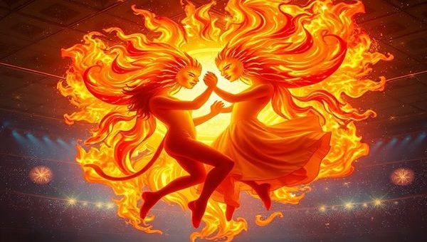 Create a high definition image of two radiant Leos, depicted as magnificent suns in a celestial ballroom. They are orbiting around each other in a dramatic, fiery dance, their flames intertwining in a spectacular display of warmth and passion. Surround them with vibrant colors, sparkling stars, and theatrical elements to highlight their shared love and magnetic energy. Capture the essence of their powerful bond, showcasing the balance between intense affection and regal dignity. The atmosphere should be enchanting, full of vitality and light, reflecting the grand story of their love.