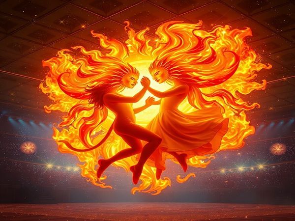Create a high definition image of two radiant Leos, depicted as magnificent suns in a celestial ballroom. They are orbiting around each other in a dramatic, fiery dance, their flames intertwining in a spectacular display of warmth and passion. Surround them with vibrant colors, sparkling stars, and theatrical elements to highlight their shared love and magnetic energy. Capture the essence of their powerful bond, showcasing the balance between intense affection and regal dignity. The atmosphere should be enchanting, full of vitality and light, reflecting the grand story of their love.