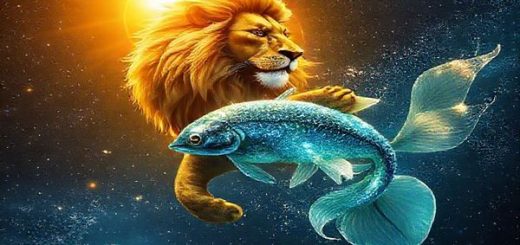 Create a high-definition image of a mystical dance between a majestic lion and ethereal fish swimming together in a cosmic landscape. The lion, illuminated by a golden sun, radiates warmth and courage, while the fish, shimmering with hues of blue and green, glides gracefully through sparkling, dreamlike waters. The background is filled with a starry night sky, blending fire and water elements, symbolizing the union of Leo and Pisces in a harmonious celestial tapestry that evokes love, magic, and cosmic energy.