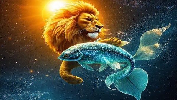 Create a high-definition image of a mystical dance between a majestic lion and ethereal fish swimming together in a cosmic landscape. The lion, illuminated by a golden sun, radiates warmth and courage, while the fish, shimmering with hues of blue and green, glides gracefully through sparkling, dreamlike waters. The background is filled with a starry night sky, blending fire and water elements, symbolizing the union of Leo and Pisces in a harmonious celestial tapestry that evokes love, magic, and cosmic energy.