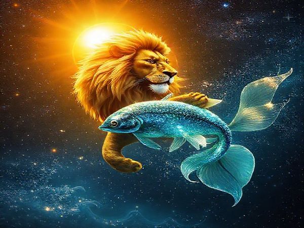 Create a high-definition image of a mystical dance between a majestic lion and ethereal fish swimming together in a cosmic landscape. The lion, illuminated by a golden sun, radiates warmth and courage, while the fish, shimmering with hues of blue and green, glides gracefully through sparkling, dreamlike waters. The background is filled with a starry night sky, blending fire and water elements, symbolizing the union of Leo and Pisces in a harmonious celestial tapestry that evokes love, magic, and cosmic energy.