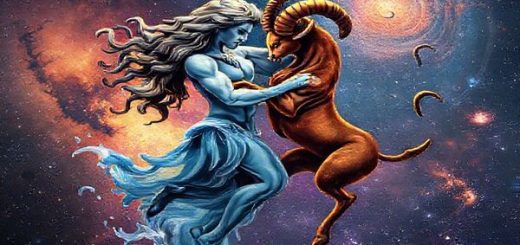 A high-definition image of Aquarius, the water-bearer, and Aries, the fierce ram, entwined in a cosmic dance amidst a backdrop of twinkling stars and vibrant nebulae. Show Aquarius with flowing water and swirling air currents while Aries radiates warmth and fiery energy, embodying dynamic movement. Capture the essence of their contrasting yet complementary natures, with swirling galaxies framing their unity, symbolizing adventure, connection, and the exploration of the infinite cosmos.