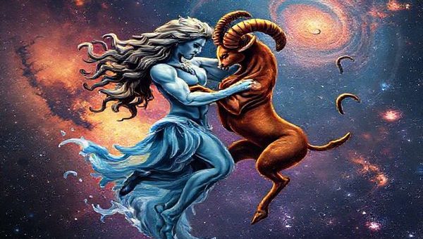 A high-definition image of Aquarius, the water-bearer, and Aries, the fierce ram, entwined in a cosmic dance amidst a backdrop of twinkling stars and vibrant nebulae. Show Aquarius with flowing water and swirling air currents while Aries radiates warmth and fiery energy, embodying dynamic movement. Capture the essence of their contrasting yet complementary natures, with swirling galaxies framing their unity, symbolizing adventure, connection, and the exploration of the infinite cosmos.