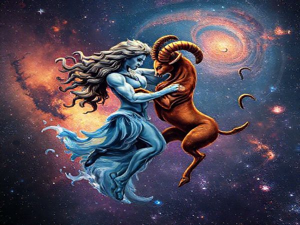 A high-definition image of Aquarius, the water-bearer, and Aries, the fierce ram, entwined in a cosmic dance amidst a backdrop of twinkling stars and vibrant nebulae. Show Aquarius with flowing water and swirling air currents while Aries radiates warmth and fiery energy, embodying dynamic movement. Capture the essence of their contrasting yet complementary natures, with swirling galaxies framing their unity, symbolizing adventure, connection, and the exploration of the infinite cosmos.