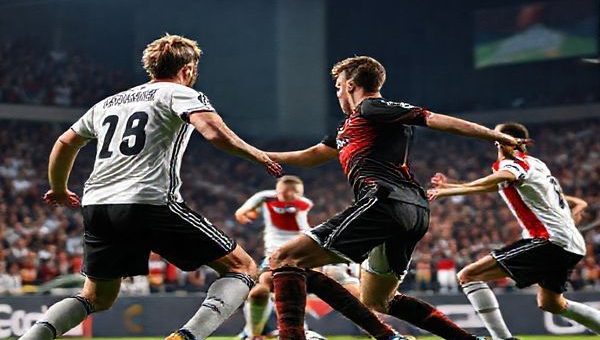 A high-definition image depicting a dramatic football match between Germany and Slovakia, capturing the intensity of competition as Germany's skilled players, like Joshua Kimmich and Kai Havertz, face off against Slovakia's determined defenders, including Milan Škriniar. The scene is set under bright stadium lights, with passionate fans in the background, showcasing contrasting styles: Germany's strategic build-up play against Slovakia's quick counter-attacks, all infused with vibrant team colors and high energy.