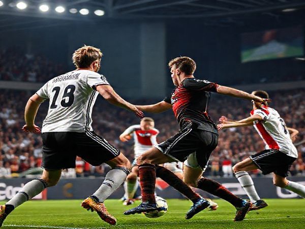 A high-definition image depicting a dramatic football match between Germany and Slovakia, capturing the intensity of competition as Germany's skilled players, like Joshua Kimmich and Kai Havertz, face off against Slovakia's determined defenders, including Milan Škriniar. The scene is set under bright stadium lights, with passionate fans in the background, showcasing contrasting styles: Germany's strategic build-up play against Slovakia's quick counter-attacks, all infused with vibrant team colors and high energy.