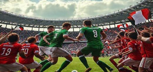 A dramatic football scene depicting a high-stakes clash between two teams: Northern Ireland's disciplined players in their iconic green kits, displaying grit and determination on one side, while Luxembourg's vibrant and energetic squad in their striking red jerseys showcases their attacking flair on the other. The action is centered in a bustling stadium, surrounded by passionate fans waving flags, capturing the essence of a World Cup qualifier. The afternoon sky is dynamic, hinting at the intensity of competition. Rendered in high definition.