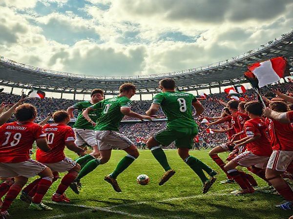 A dramatic football scene depicting a high-stakes clash between two teams: Northern Ireland's disciplined players in their iconic green kits, displaying grit and determination on one side, while Luxembourg's vibrant and energetic squad in their striking red jerseys showcases their attacking flair on the other. The action is centered in a bustling stadium, surrounded by passionate fans waving flags, capturing the essence of a World Cup qualifier. The afternoon sky is dynamic, hinting at the intensity of competition. Rendered in high definition.