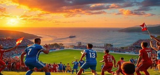 "A dramatic football match unfolding under a vibrant Mediterranean sunset, depicting a showdown between spirited Cypriot players in bright blue kits and disciplined Austrian players in red and white. Capture the intensity as the Cypriots aggressively press forward, while the Austrians maintain their structured formation, showcasing key players like Pieros Sotiriou and Marcel Sabitzer in action. In the background, passionate fans wave flags and cheer, with a breathtaking seaside stadium setting the scene. Please render this image in high definition."