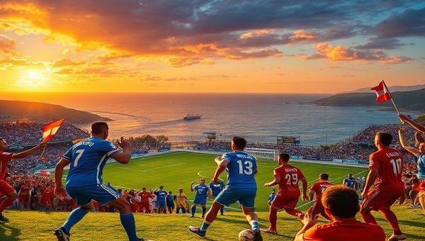 "A dramatic football match unfolding under a vibrant Mediterranean sunset, depicting a showdown between spirited Cypriot players in bright blue kits and disciplined Austrian players in red and white. Capture the intensity as the Cypriots aggressively press forward, while the Austrians maintain their structured formation, showcasing key players like Pieros Sotiriou and Marcel Sabitzer in action. In the background, passionate fans wave flags and cheer, with a breathtaking seaside stadium setting the scene. Please render this image in high definition."