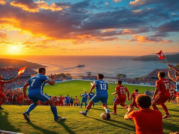 "A dramatic football match unfolding under a vibrant Mediterranean sunset, depicting a showdown between spirited Cypriot players in bright blue kits and disciplined Austrian players in red and white. Capture the intensity as the Cypriots aggressively press forward, while the Austrians maintain their structured formation, showcasing key players like Pieros Sotiriou and Marcel Sabitzer in action. In the background, passionate fans wave flags and cheer, with a breathtaking seaside stadium setting the scene. Please render this image in high definition."