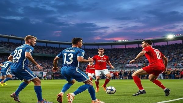 A high definition image of a dramatic football pitch during a World Cup qualifier match between Finland and Malta. The scene captures intense action, with Finnish players in blue and white uniforms displaying resilience, while Maltese players in red showcase their spirited underdog determination. The crowd is vibrant, filled with colorful flags and passionate fans, set against a twilight sky that heightens the energy of the game. Include elements like a tense moment with a striker preparing to shoot and a goalkeeper on high alert, reflecting the tactical chessboard of styles as they battle for victory.