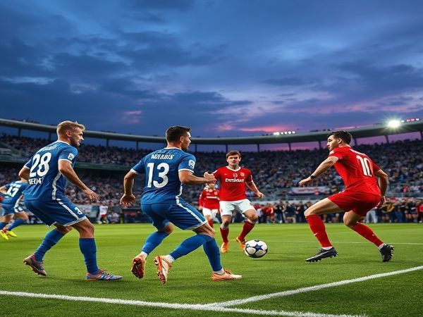 A high definition image of a dramatic football pitch during a World Cup qualifier match between Finland and Malta. The scene captures intense action, with Finnish players in blue and white uniforms displaying resilience, while Maltese players in red showcase their spirited underdog determination. The crowd is vibrant, filled with colorful flags and passionate fans, set against a twilight sky that heightens the energy of the game. Include elements like a tense moment with a striker preparing to shoot and a goalkeeper on high alert, reflecting the tactical chessboard of styles as they battle for victory.