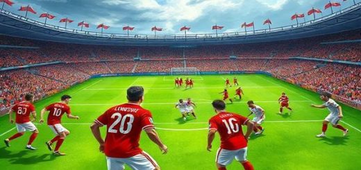 A high-definition illustration of a thrilling football match between Poland and the Netherlands, set on a vibrant green pitch under a dramatic sky. In the foreground, Polish players in red and white jerseys, led by Robert Lewandowski, exhibit gritty determination as they prepare for a counter-attack. In contrast, Dutch players in their iconic orange uniforms showcase elegance and precision, poised to execute a high-press strategy. The backdrop features an enthusiastic crowd, flags waving, capturing the essence of the World Cup qualifier's intensity and the clash of contrasting playing styles.
