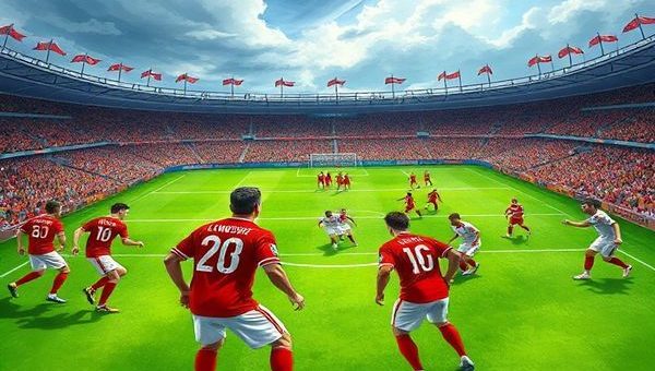 A high-definition illustration of a thrilling football match between Poland and the Netherlands, set on a vibrant green pitch under a dramatic sky. In the foreground, Polish players in red and white jerseys, led by Robert Lewandowski, exhibit gritty determination as they prepare for a counter-attack. In contrast, Dutch players in their iconic orange uniforms showcase elegance and precision, poised to execute a high-press strategy. The backdrop features an enthusiastic crowd, flags waving, capturing the essence of the World Cup qualifier's intensity and the clash of contrasting playing styles.