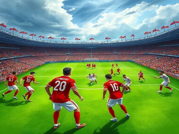 A high-definition illustration of a thrilling football match between Poland and the Netherlands, set on a vibrant green pitch under a dramatic sky. In the foreground, Polish players in red and white jerseys, led by Robert Lewandowski, exhibit gritty determination as they prepare for a counter-attack. In contrast, Dutch players in their iconic orange uniforms showcase elegance and precision, poised to execute a high-press strategy. The backdrop features an enthusiastic crowd, flags waving, capturing the essence of the World Cup qualifier's intensity and the clash of contrasting playing styles.