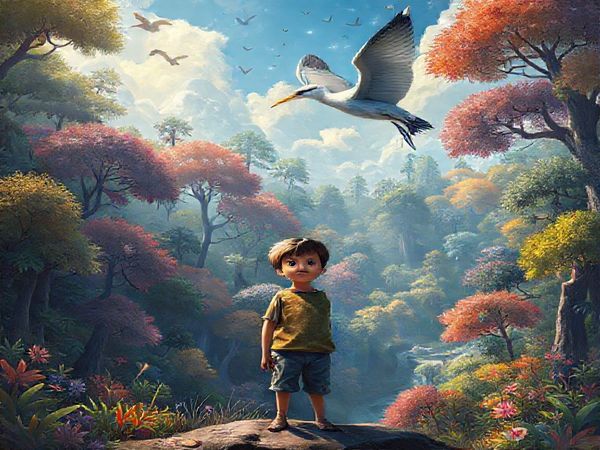 A young boy stands at the edge of a lush, magical forest, his eyes wide with wonder as a heron floats gracefully above him, shimmering with ethereal light. The landscape features vibrant colors, surreal trees, and dreamlike elements, reflecting a delicate balance between childhood innocence and emerging adulthood. Wisps of wind carry subtle whispers, symbolizing the silent strength of female characters, watching over the boy’s journey. Above, a kaleidoscope of fantastical creatures dances in the sky, hinting at the intertwining narratives of courage and identity.
