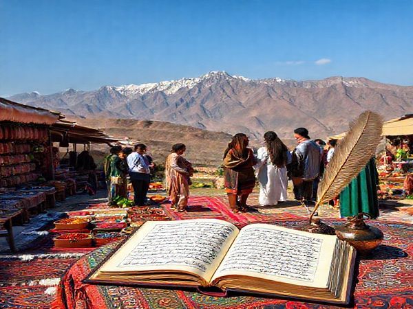 A serene Persian landscape featuring a vibrant bazaar filled with intricate rugs and colorful spices, with an open book of Persian poetry resting on a table. In the background, mountains rise majestically, and a vintage inkpot with a quill symbolizes the beauty of the Persian script. A group of diverse learners, engaged in conversation with native speakers, immerses themselves in the culture and language, reflecting the joy of learning.