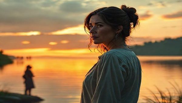 Create a high definition image of a female protagonist, Sandra, standing at the edge of a serene lake at sunset, her expression reflecting a complex mixture of grief and determination. Surround her with lush greenery and soft, ethereal lighting that captures the emotional depth of her journey. In the background, subtle silhouettes of women engaging in conversations hint at themes of solidarity and resilience, while fragments of domestic life weave into the scenery to symbolize the tension between ambition and familial duty. The atmosphere should evoke a sense of introspection and transformation, inviting the viewer into Sandra's world of feminine consciousness and strength.