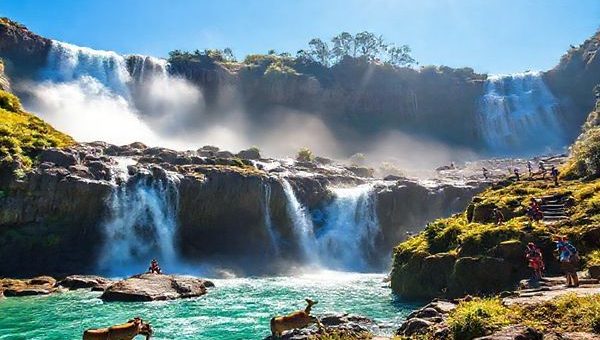A breathtaking high-definition scene of Huka Falls in New Zealand, showcasing the thundering waterfall cascading over rugged rocks, surrounded by vibrant summer greenery. Sunlight sparkles off the turquoise waters, with joyful visitors engaged in activities like biking and picnicking along scenic trails. Include native wildlife in the foreground and a clear blue sky above, capturing the lively essence of summer at the falls.