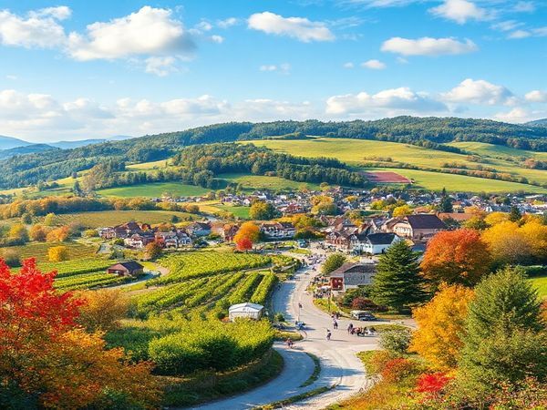 Create a high definition image of Landkreis Neuwied, showcasing its stunning seasonal landscapes: a vibrant summer scene with lush green hills, busy vineyards, and a lively festival atmosphere; a serene winter setting blanketed in snow with twinkling Christmas market lights; a breathtaking autumn landscape filled with trees in shades of red, orange, and gold; and a blossoming spring scene with wildflowers and greenery. Blend all four seasons seamlessly into one vivid illustration, capturing the charm and beauty of this picturesque German region.