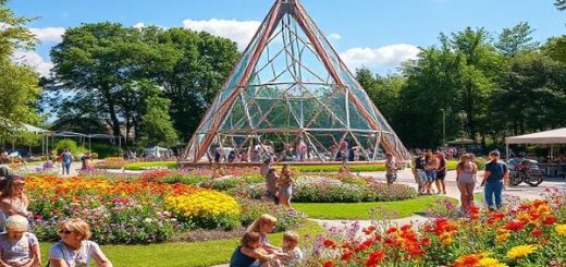 A vibrant summer scene in Bottrop, Germany, showcasing the iconic Tetrahedron sculpture as a focal point, surrounded by lush greenery and colorful flowers in full bloom. Include joyful locals and tourists enjoying outdoor activities, bright sunshine, and festive events, evoking a warm, welcoming atmosphere. The image should be in high definition.
