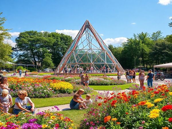A vibrant summer scene in Bottrop, Germany, showcasing the iconic Tetrahedron sculpture as a focal point, surrounded by lush greenery and colorful flowers in full bloom. Include joyful locals and tourists enjoying outdoor activities, bright sunshine, and festive events, evoking a warm, welcoming atmosphere. The image should be in high definition.