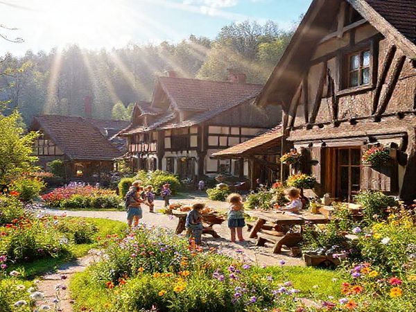 A picturesque view of Vogtsbauernhof in the Black Forest, Germany, showcasing its authentic 16th to 19th-century wooden farmhouses surrounded by lush greenery and vibrant wildflowers in spring. Families are engaging in activities like butter churning and bread baking, while sunny rays illuminate the scene, creating a lively and cheerful atmosphere. Include details like blooming flowers, wooden farm tools, and children playing, all depicted in high definition.