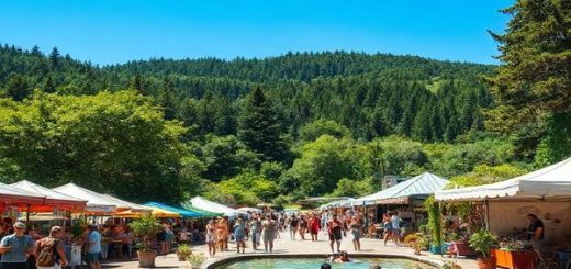 A vibrant summer scene in Kaikohe, New Zealand, showcasing the lush greenery of Puketi and Omahuta Forests under a bright blue sky. Include cheerful locals participating in outdoor markets, enjoying local food, and relaxing in the Waiariki hot springs, surrounded by native birds and colorful flowers. The atmosphere should be warm and inviting, encapsulating the essence of a hidden gem, with a hint of cultural heritage. High definition.