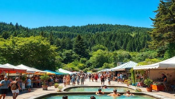 A vibrant summer scene in Kaikohe, New Zealand, showcasing the lush greenery of Puketi and Omahuta Forests under a bright blue sky. Include cheerful locals participating in outdoor markets, enjoying local food, and relaxing in the Waiariki hot springs, surrounded by native birds and colorful flowers. The atmosphere should be warm and inviting, encapsulating the essence of a hidden gem, with a hint of cultural heritage. High definition.