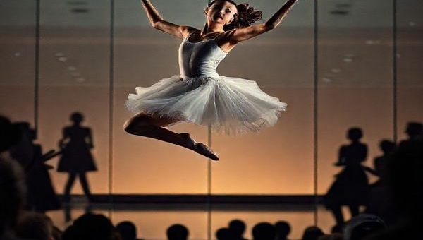 A high-definition image of a strong ballet dancer in mid-leap, her expression conveying both ambition and vulnerability. The background features a mirrored dance studio with soft pastel tones reflecting the grace of ballet. Surrounding her are shadowy silhouettes of supportive women, symbolizing camaraderie and agency, while faint echoes of a bustling audience create a contrast between intimacy and spectacle. The overall atmosphere is rich with emotion, merging beauty and complexity in a captivating visual narrative.