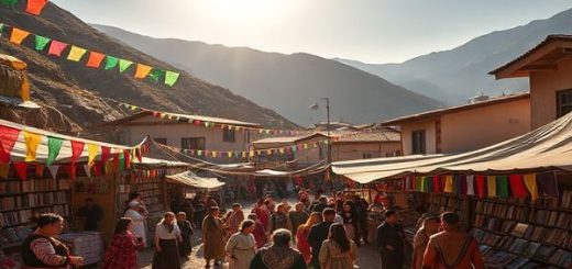 A vibrant Kurdish village nestled in the mountains of Kurdistan, where colorful banners flutter in the gentle breeze, and locals gather for a lively cultural festival. People dressed in traditional attire showcase folk dances, while stalls filled with Kurdish cuisine tempt passersby. A library stands in the corner, symbolizing the importance of learning, with books on Kurdish language and culture. The sun casts a warm glow over this scene, highlighting the beauty of connection and communication. High definition.