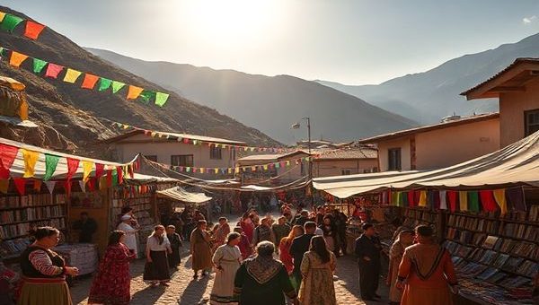 A vibrant Kurdish village nestled in the mountains of Kurdistan, where colorful banners flutter in the gentle breeze, and locals gather for a lively cultural festival. People dressed in traditional attire showcase folk dances, while stalls filled with Kurdish cuisine tempt passersby. A library stands in the corner, symbolizing the importance of learning, with books on Kurdish language and culture. The sun casts a warm glow over this scene, highlighting the beauty of connection and communication. High definition.
