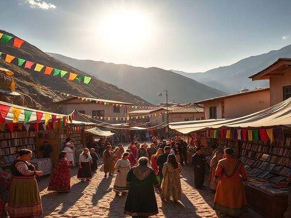 A vibrant Kurdish village nestled in the mountains of Kurdistan, where colorful banners flutter in the gentle breeze, and locals gather for a lively cultural festival. People dressed in traditional attire showcase folk dances, while stalls filled with Kurdish cuisine tempt passersby. A library stands in the corner, symbolizing the importance of learning, with books on Kurdish language and culture. The sun casts a warm glow over this scene, highlighting the beauty of connection and communication. High definition.