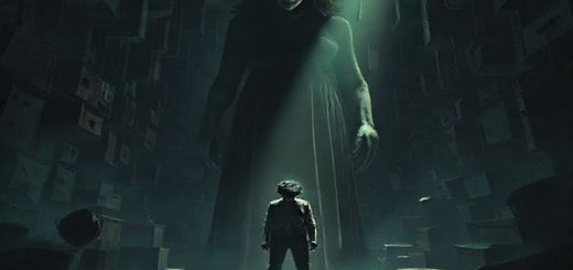 A high-definition surreal scene depicting a labyrinthine room filled with shadows, where a domineering maternal figure looms large over a troubled young man, reflecting themes of psychological entrapment and maternal influence. The atmosphere is dark and claustrophobic, with distorted perspectives and symbolic elements manifesting Beau's anxieties, evoking both horror and dark comedy. The color palette is moody and gloomy, capturing the emotional desolation of the narrative.