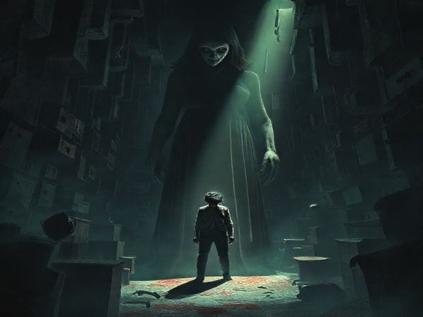 A high-definition surreal scene depicting a labyrinthine room filled with shadows, where a domineering maternal figure looms large over a troubled young man, reflecting themes of psychological entrapment and maternal influence. The atmosphere is dark and claustrophobic, with distorted perspectives and symbolic elements manifesting Beau's anxieties, evoking both horror and dark comedy. The color palette is moody and gloomy, capturing the emotional desolation of the narrative.