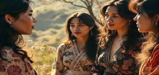 A high-definition image of an ethereal, beautifully composed film set, drenched in warm natural light, featuring intricate details of a landscape that subtly hints at gender dynamics. The scene includes a group of diverse female characters engaged in an intimate, emotional conversation, their expressions reflecting empowerment and complexity. In the background, symbols of family and motherhood are interwoven with elements of traditional and modern aesthetics, suggesting a tension between conformity and rebellion. The overall vibe should evoke a sense of narrative ambiguity and artistic brilliance.